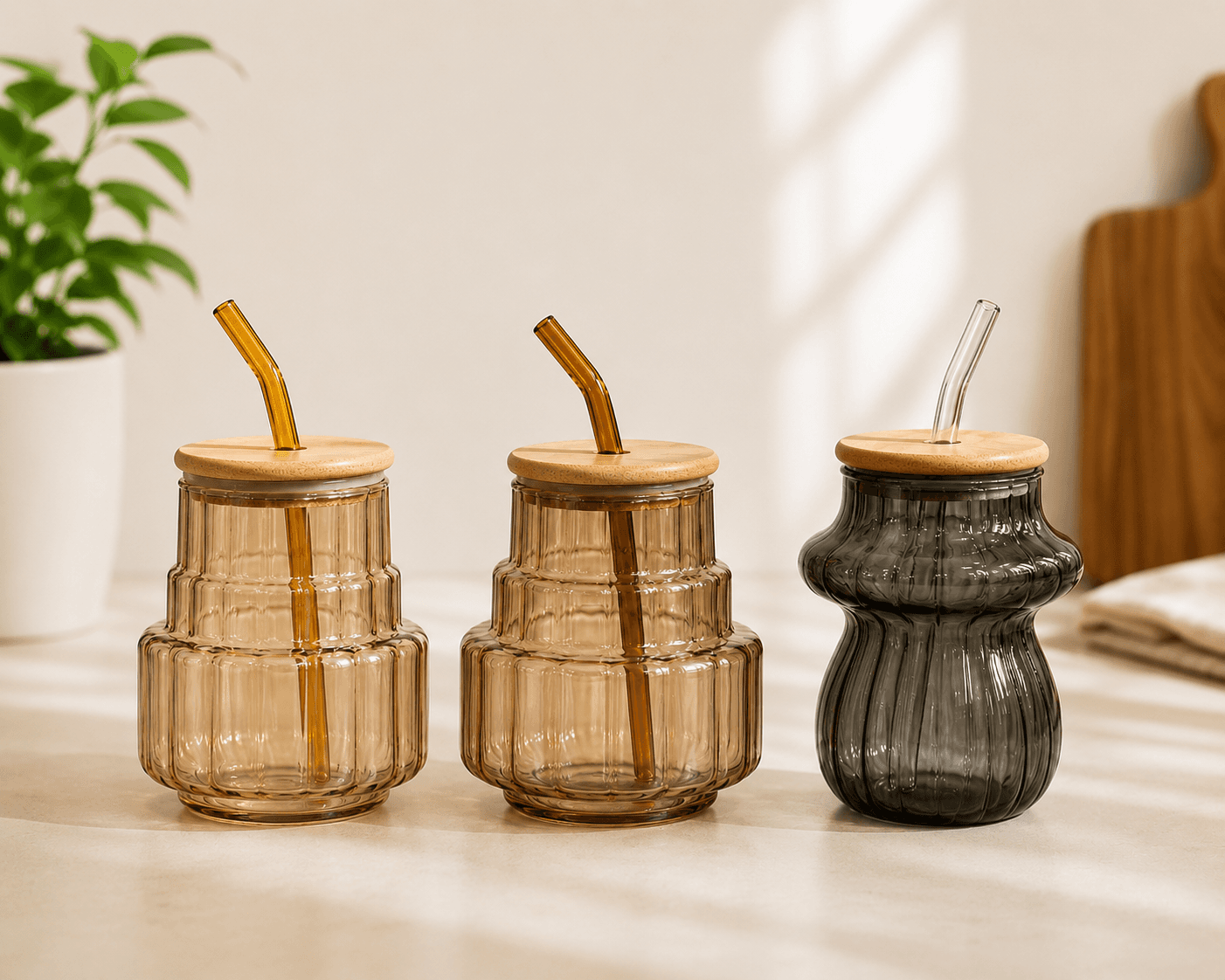 Ribbed Glass Straw Jar — Set of 3
