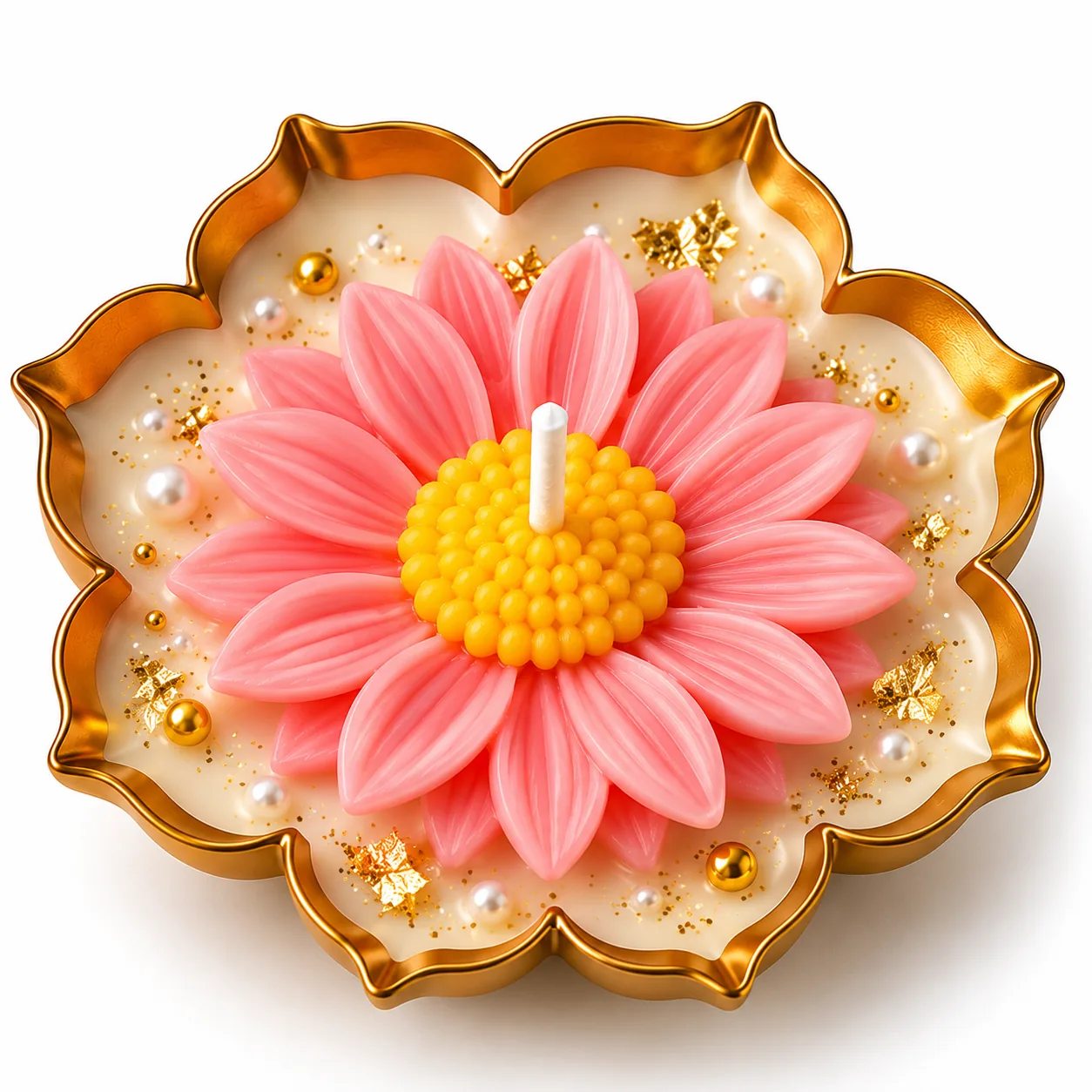 A pink lotus candle in a gold dish