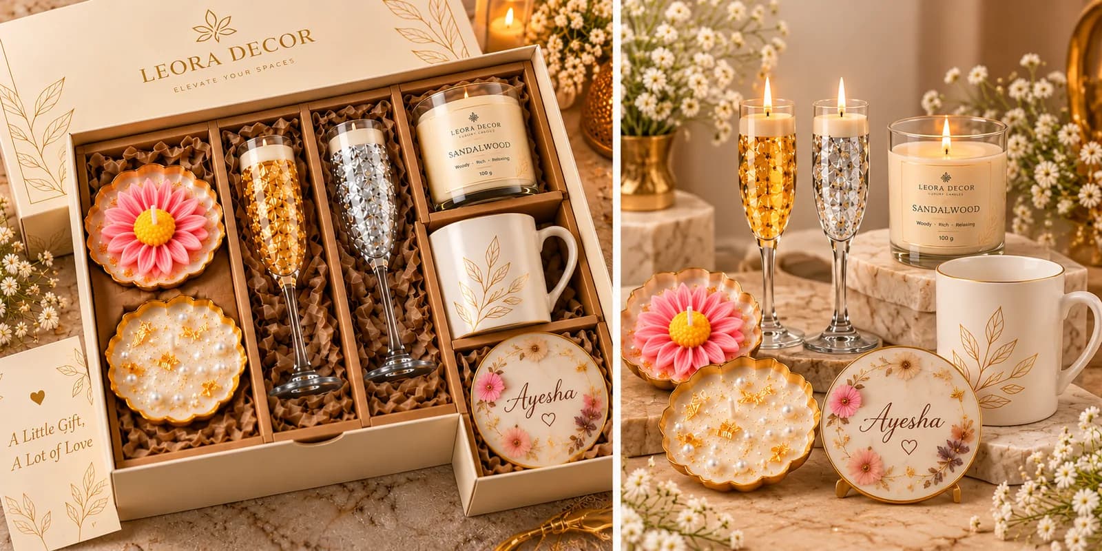 A luxury gift hamper with candles and a personalised mug
